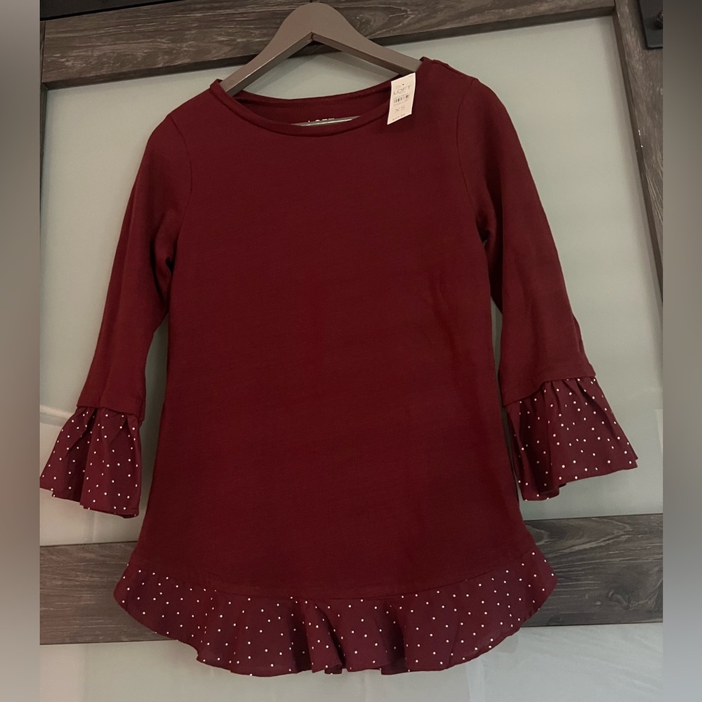 Women's LOFT Maroon 3/4 Ruffle Polka Dot Sleeve/Hem Shirt Top Size XS